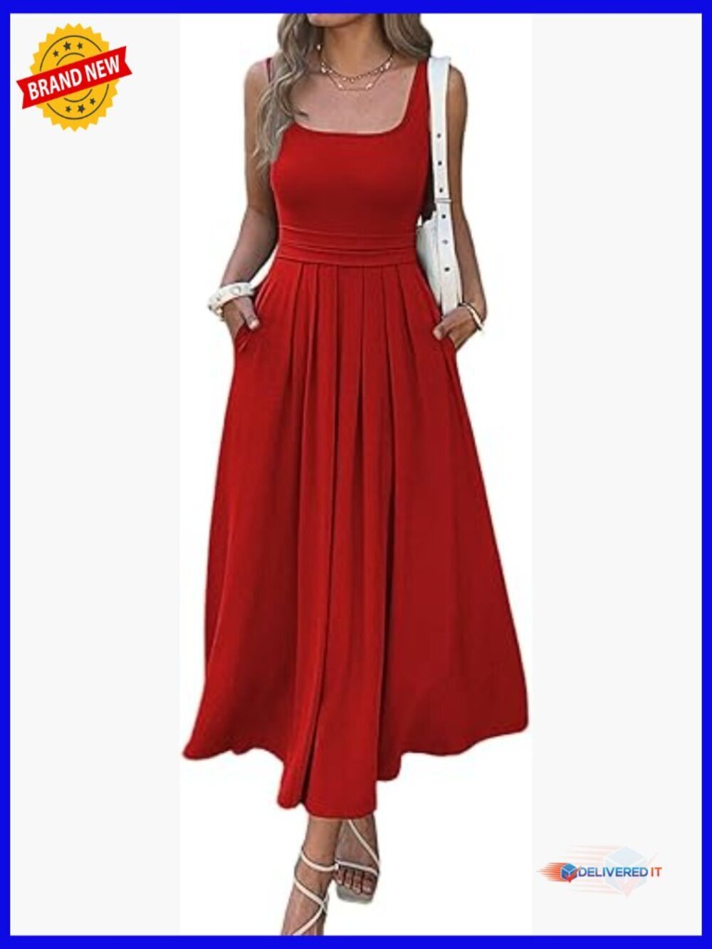 Boho Summer Maxi Dress with Pockets Square Neck Sleeveless Sundress Beach